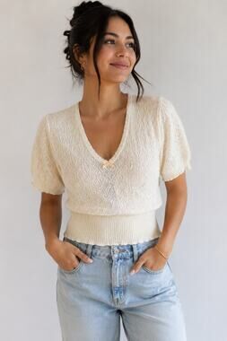 Y2K Ivory Pointelle Knit Top Bow V Neck Puff Sleeve Coquette Cottagecore Size S